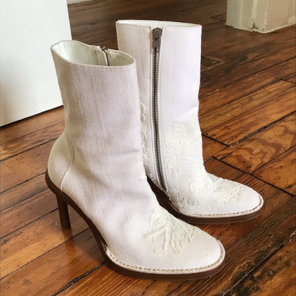 Ann Demeulemeester White Embroidered Bootie Heels